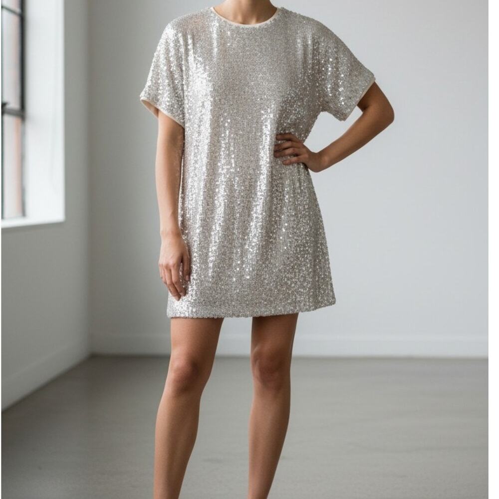 Silver Sequin Sheath Dress Party Holiday Small Lucy Paris
